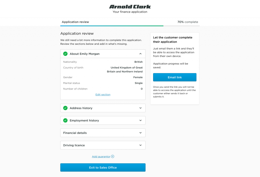 A user interface design showing the review screen of the finance application