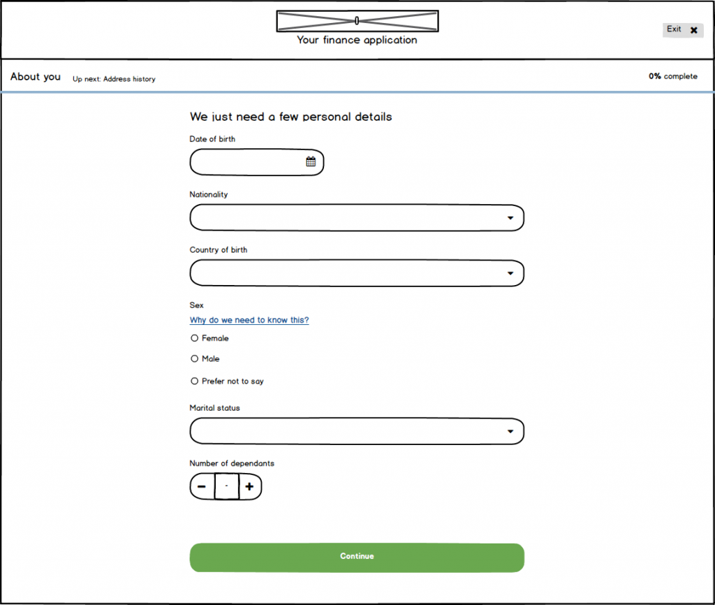 A wireframe showing a screen for users to enter personal details