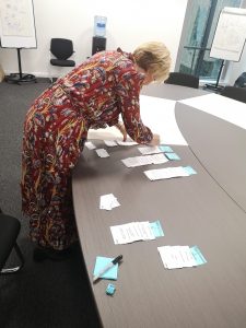 A photograph of a user taking part in a card sorting activity