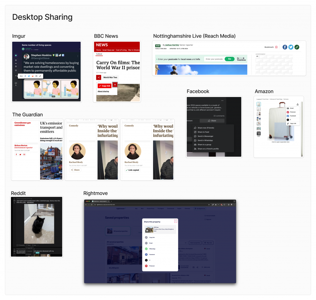 An image showing a selection of sharing features on desktop